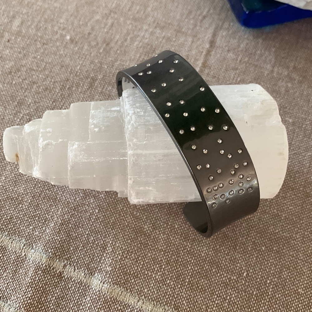 Lucky Brand Cuff Bracelet NEW Dark Silver Metal Rhinestone Bling Wide